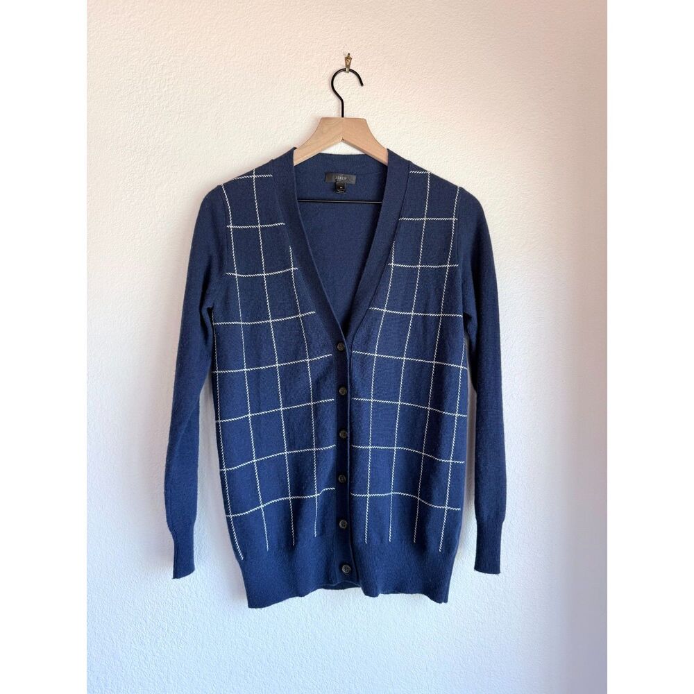 J.Crew Wool Cashmere Windowpane Plaid Cardigan Sweater Navy Blue XS EUC - Picture 4 of 12